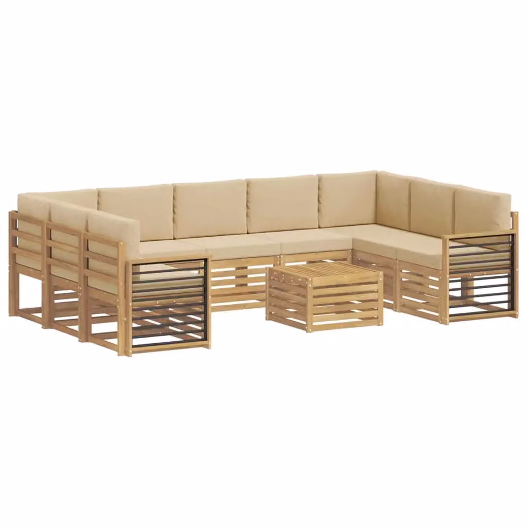 Set di divani da esterno a L con tavolino vidaXL in legno di acacia, colore bianco e beige, composto da 10 pezzi con cuscini inclusi – 2