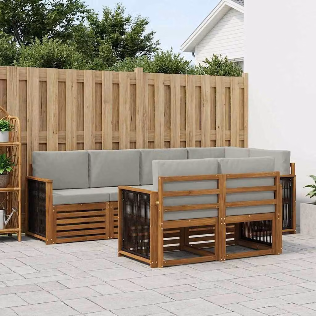 Set di divani da esterno vidaXL 7 pz in legno di acacia con cuscini, design moderno a L, colori beige e grigio chiaro