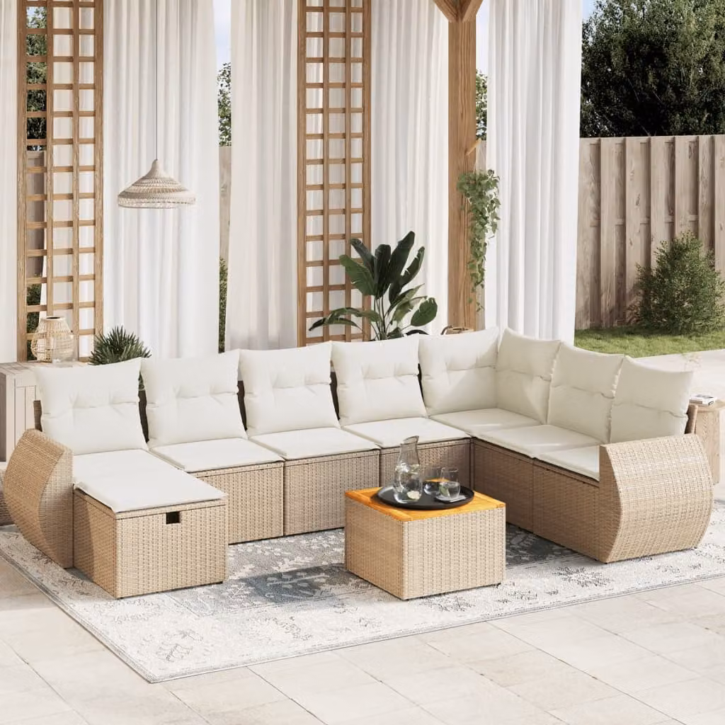 vidaXL Set Divano da Giardino a L 9 pz con Cuscini Beige e Tavolino in Polyrattan e Acciaio – 1