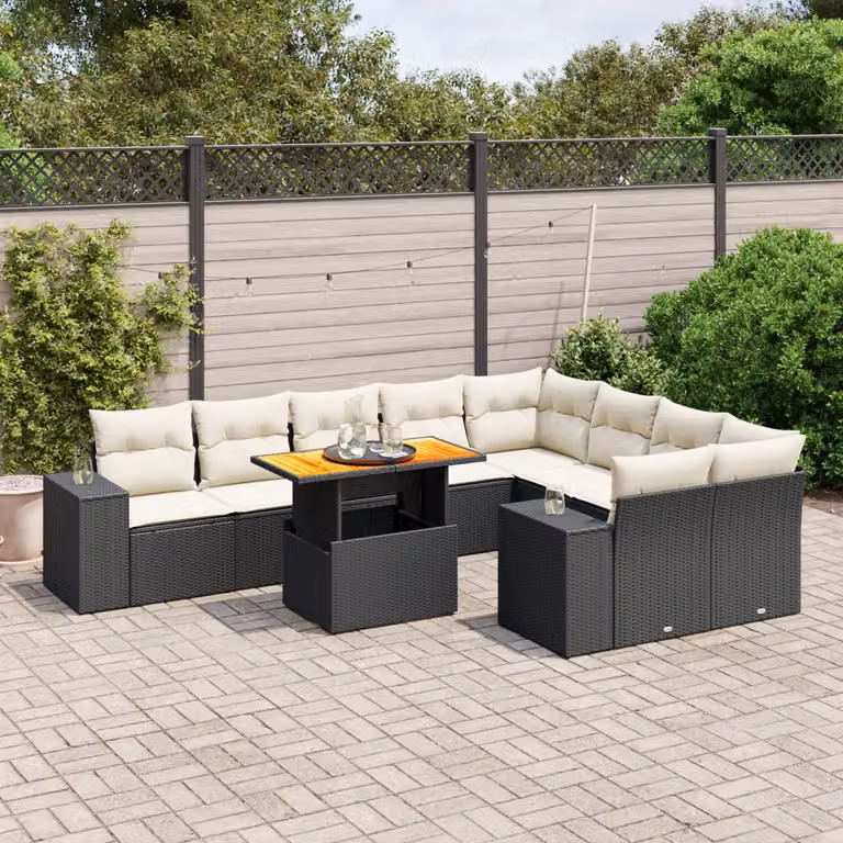 vidaXL Set Divani da Giardino a Forma di U in Polyrattan Nero con Cuscini e Tavolino da Esterno