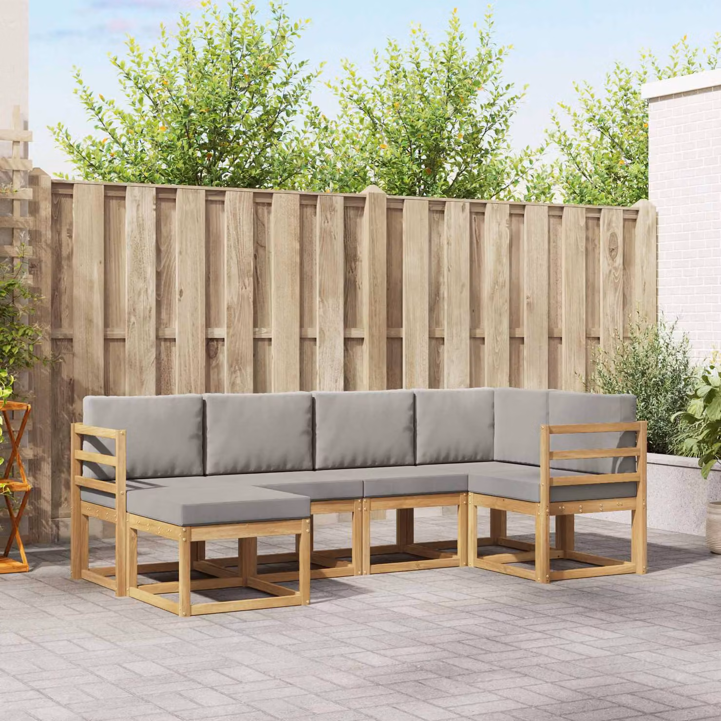 vidaXL Set di divani da esterno a L in legno di acacia con cuscini, 6 pezzi, Bianco, Grigio e Marrone