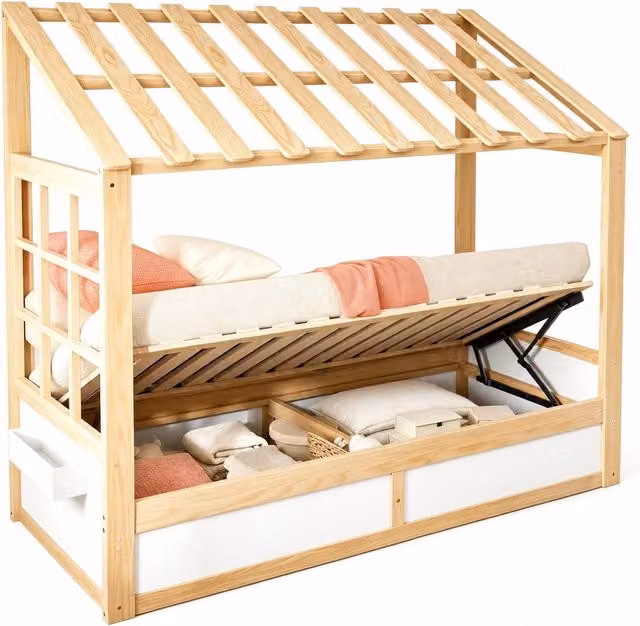Letto a casetta per bambini 90x200 cm in legno bianco con contenitore e barriera， senza materasso