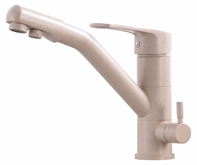 Rubinetto da cucina a tre vie, girevole, con attacco G3/8 pollici e filtro per l'acqua, color beige