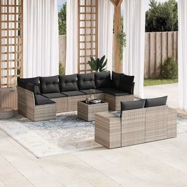 Set Divano Giardino 10 pz con Cuscini Grigio Chiaro Polyrattan 3223031