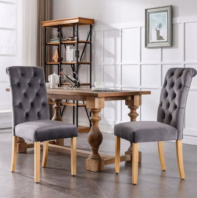 Set di 2 sedie da pranzo in velluto grigio con gambe in rovere