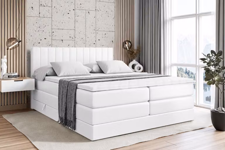 Letto boxspring ALTDECOR con 2 materassi e topper - 160x200 cm - EDITA KING - Pelle finta bianca - Letto imbottito con materassi H3 e H4, contenitore e rete a doghe, letto con spazio contenitivo