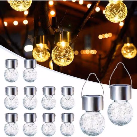 Luci solari da esterno - Set da 12 pezzi - Lampade a energia solare - Design di sicurezza con vetro frantumato - Impermeabili - Luce bianca calda - Ideali per spazi esterni come giardini, terrazze, recinzioni o alberi
