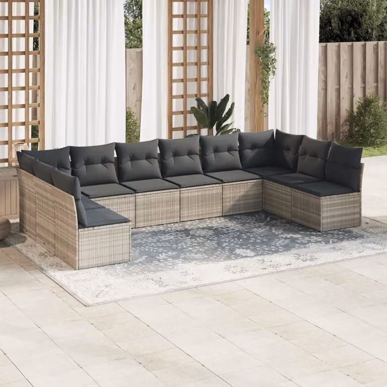 vidaXL Set Divano da Giardino a L 10 pz in Polyrattan Grigio con Cuscini Imbottiti e Rivestimenti Rimovibili