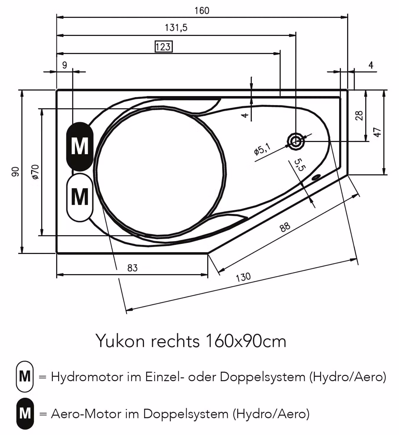 RIHO Yukon Easypool 3.1 Baignoires d'angle, avec commande tactile, à encastrer, 160x90x48cm, 1 place, blanc, B008006005, B008006005