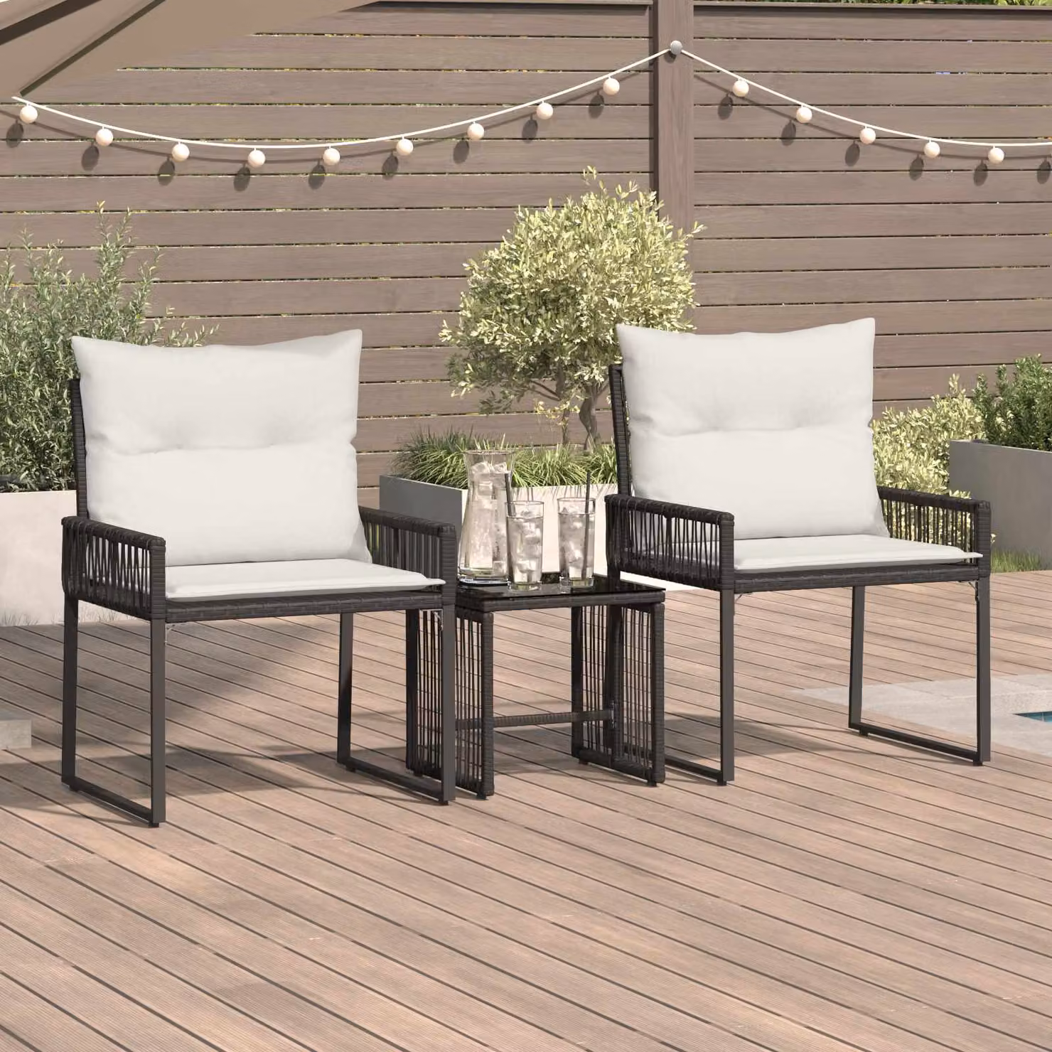 Set di mobili da esterno vidaXL in rattan e metallo 7 pezzi, colore nero e bianco crema, design moderno per giardino e terrazza