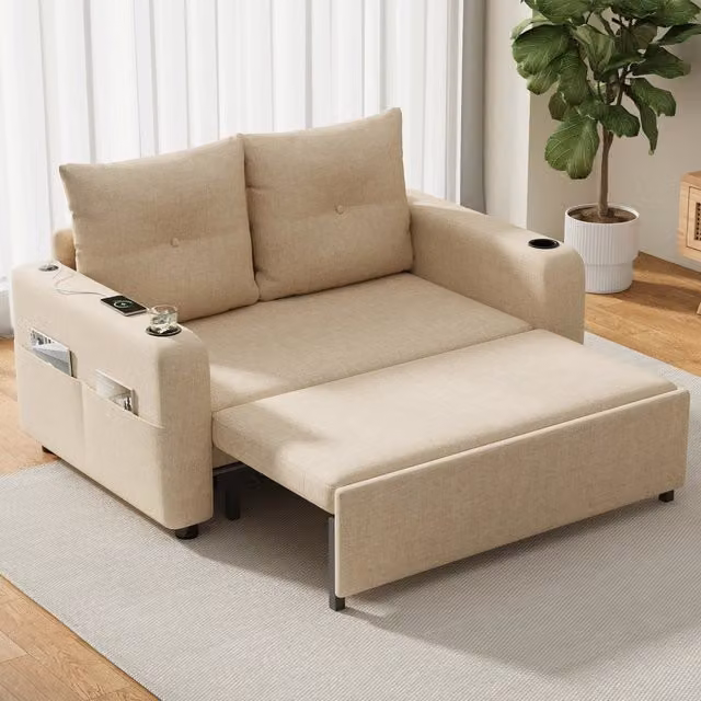 Divano letto due posti 131 x 81 x 94 cm; trasformabile 3 in 1 estraibile con USB e portabicchieri; effetto lino beige