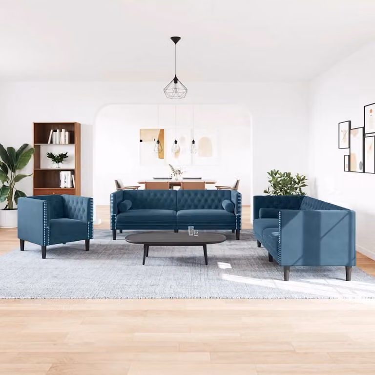 Set di Divani Chesterfield vidaXL in Velluto Blu con Cuscini, Composto da un Divano a 3 Posti e un Divano a 2 Posti con Struttura in Legno Solido