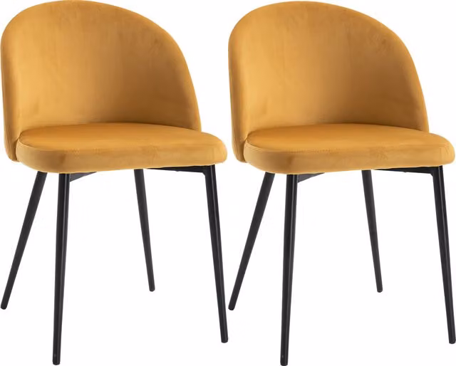 Set di 2 sedie imbottite in velluto HOMCOM per sala da pranzo e cucina, colore giallo, L 49 cm x P 50 cm x H 77 cm