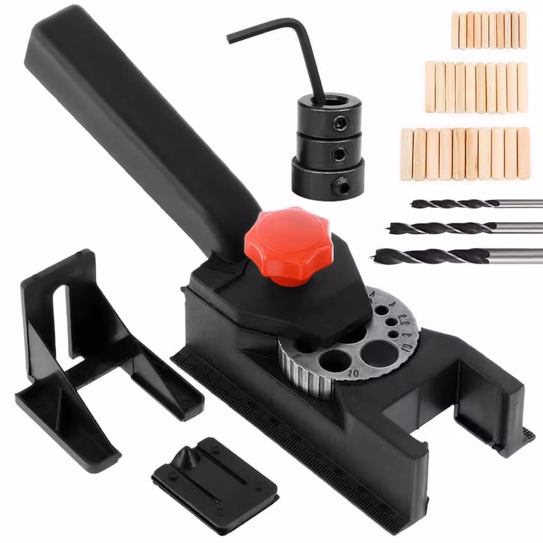 Set di guide per foratura in legno, composto da 38 pezzi, con una guida a 10 fori, punte da trapano, righello, ideale per progetti di bricolage