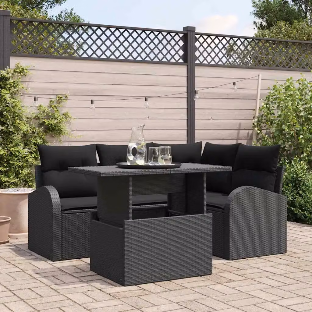 Set Divano da Giardino vidaXL 5 Pezzi a Forma di L in Polyrattan Nero con Cuscini e Tavolino – 1