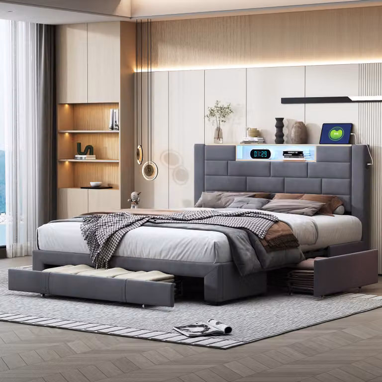 Letto Moonbite con contenitore 140x200 cm – imbottitura beige con 3 cassetti, illuminazione LED, porta USB e testiera contenitore, rete a doghe, tessuto, beige