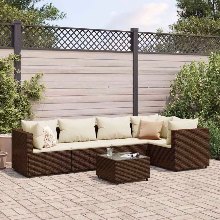 Set di mobili da giardino vidaXL in rattan marrone e bianco con 6 pezzi, divano angolare a L, tavolino da caffè e cuscini inclusi