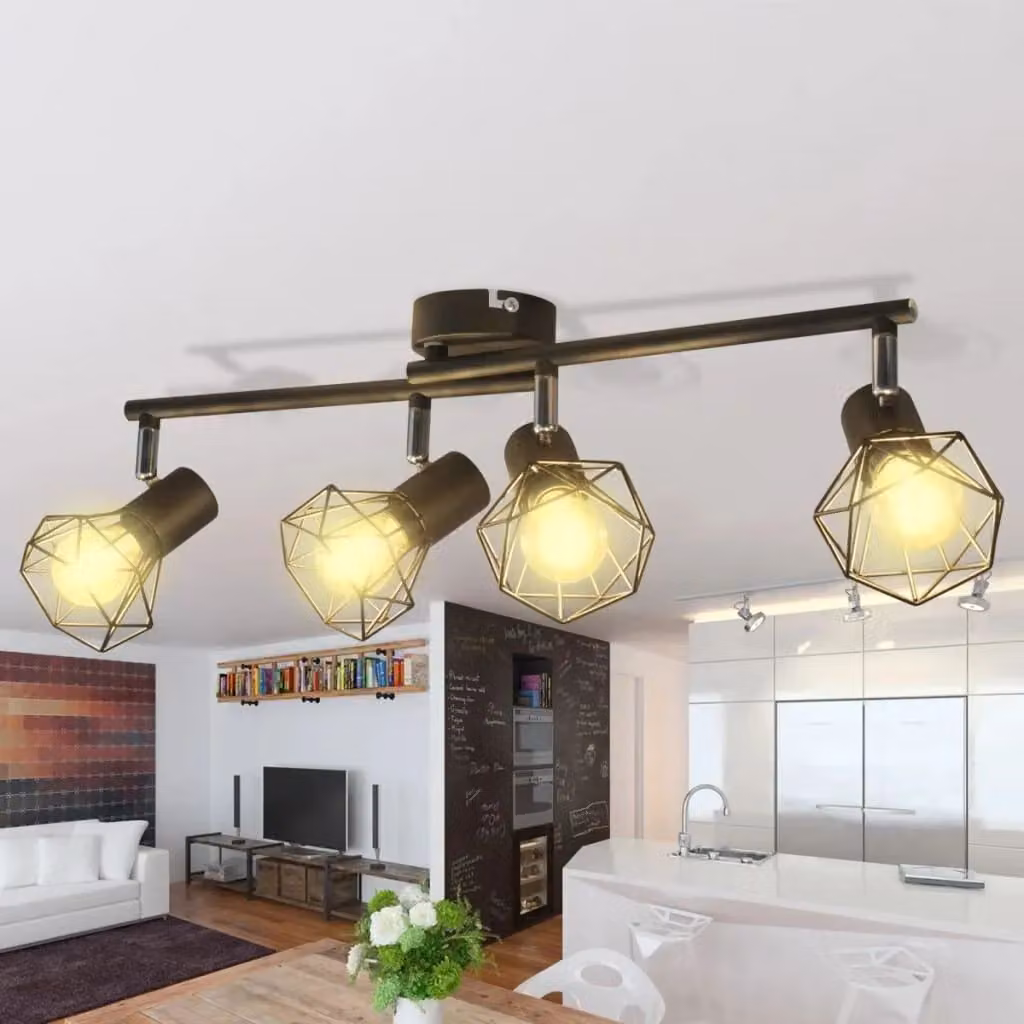 Faretti con staffa in filo metallico, lampade in stile industriale, 4 lampadine a LED, illuminazione funzionale, nero