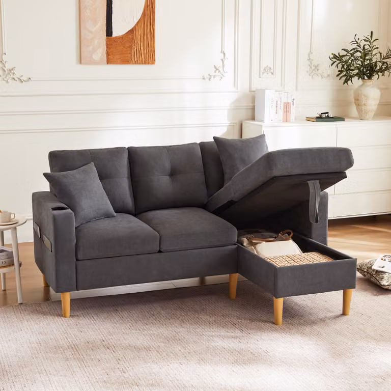 Divano moderno a forma di L Fortuna Lai, divano a 3 posti con chaise longue, vano portaoggetti, portabevande integrato, fornito con 2 cuscini, adatto per soggiorno, ufficio, appartamento, ecc., video disponibile