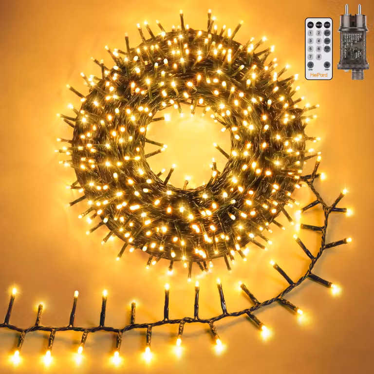 Catena luminosa a grappolo, 6 metri, luce bianco caldo, 600 LED, con telecomando