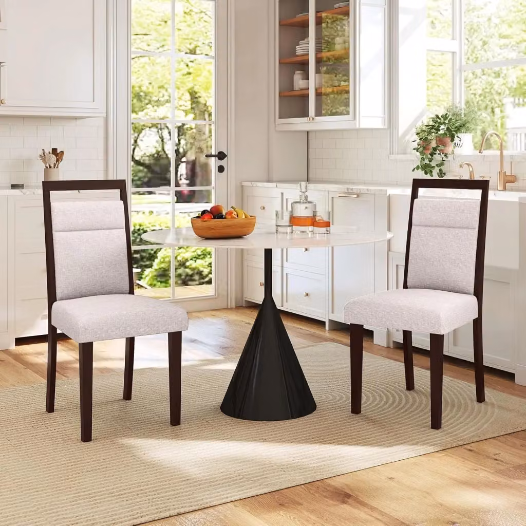 Set di 2 Sedie da Pranzo Imbottite COSTWAY in Legno di Gomma e Tessuto Beige e Marrone per Cucina e Soggiorno – 2