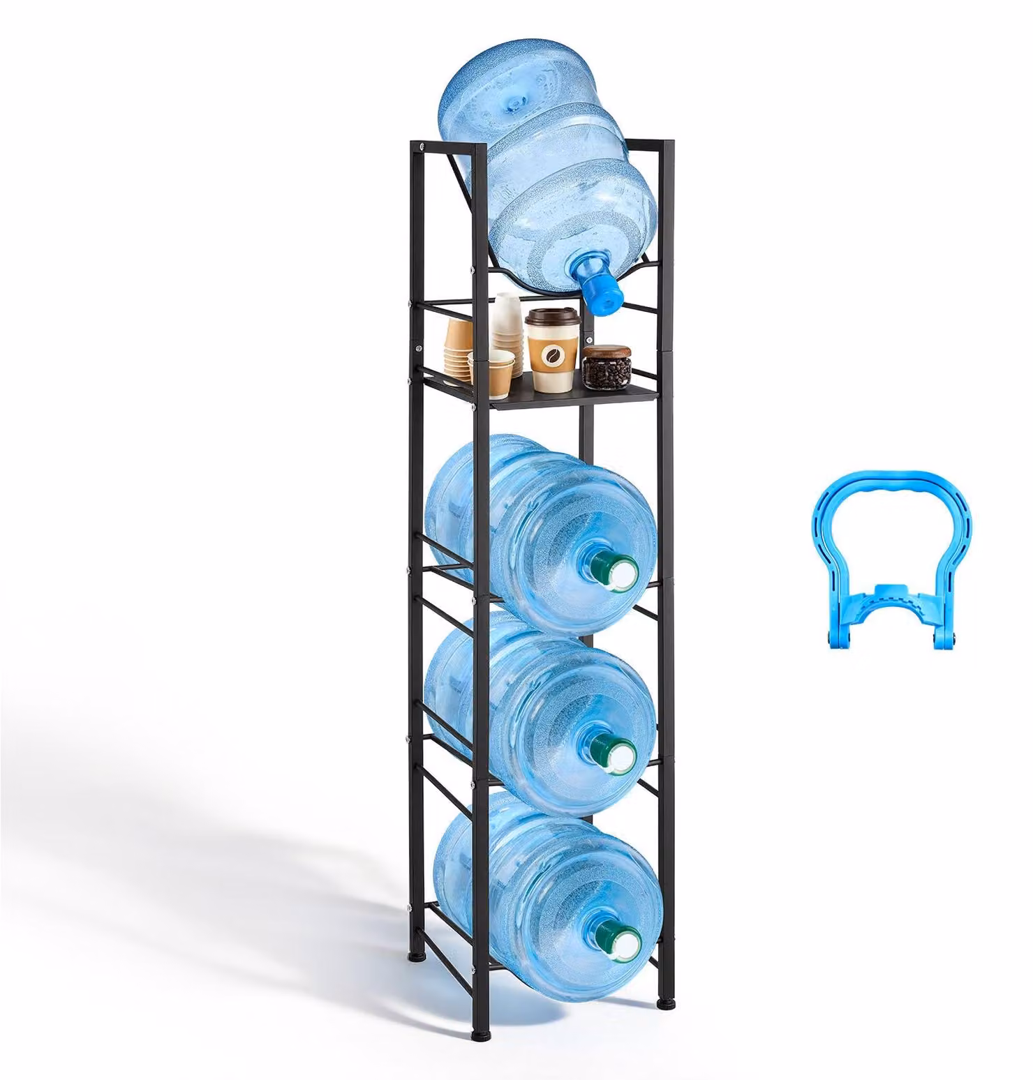 Portabottiglie - Porta taniche a 5 livelli - Per 4 bottiglie d'acqua - Con ripiano portaoggetti - Salvaspazio - Ideale per cucina, ufficio, soggiorno - Colore: nero