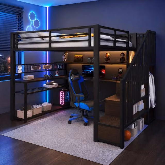Letto a soppalco 140×200 cm con scrivania, armadio, LED RGB e vani contenitore, senza materasso, nero