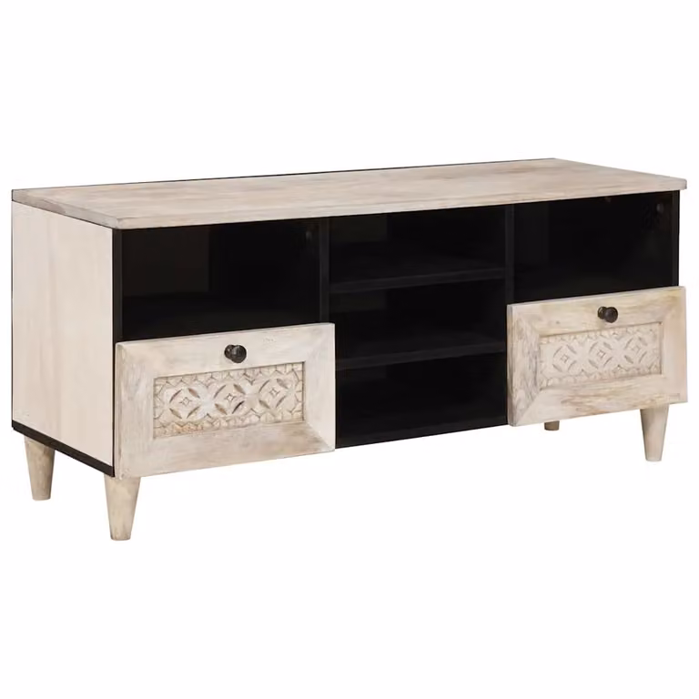 Mobile TV vidaXL con cassetto in legno di mango Bianco Sbiancato L: 100 cm, P: 33 cm, H: 46 cm