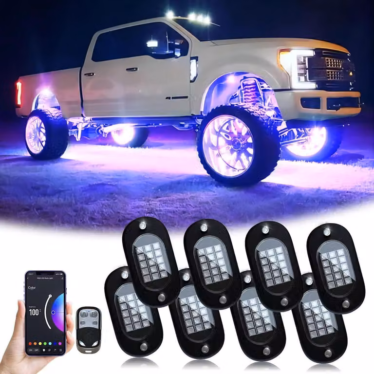 Kit di luci a LED RGB per fuoristrada, composto da 8 luci, controllabili tramite app o telecomando, con modalità musicale, impermeabili e alimentate a 12V DC