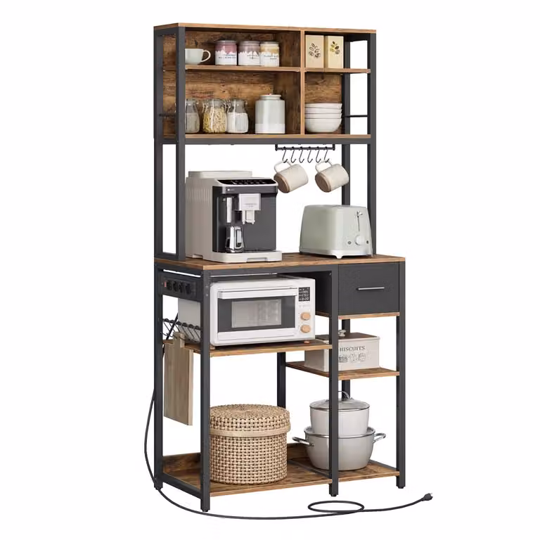 Scaffale Cucina con Multipresa, Marrone Vintage + Nero Inchiostro / 80l cm