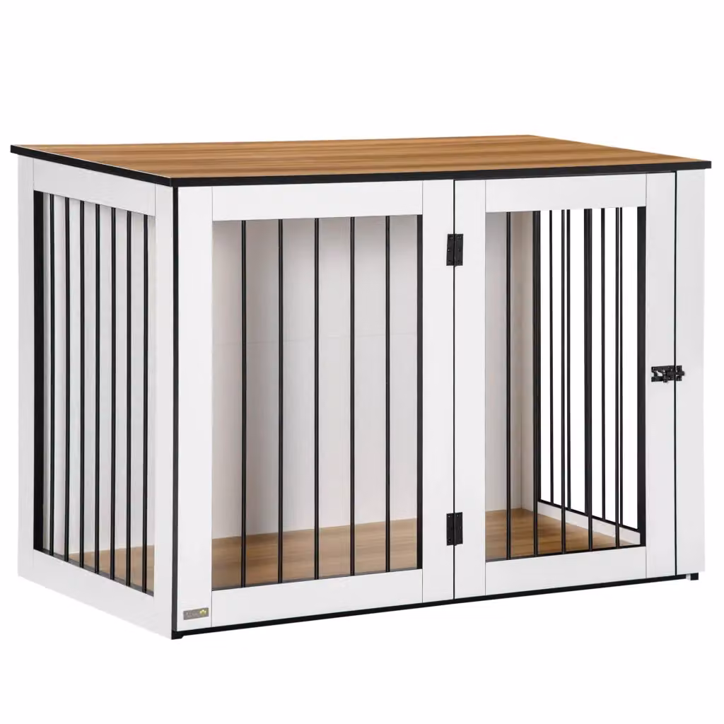 Scaffale per cani OKWISH in legno e acciaio con porte bloccabili, colore rovere, L: 106 cm, P: 60 cm, H: 76 cm – 2