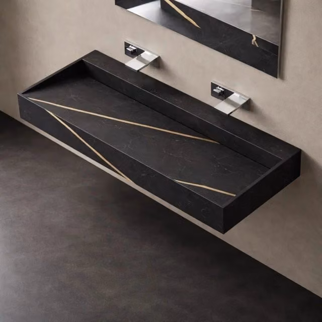 Lavabo consolle sospeso modello freya in artificial stone nero e nocciola venato *** finitura- nero, confezione 1