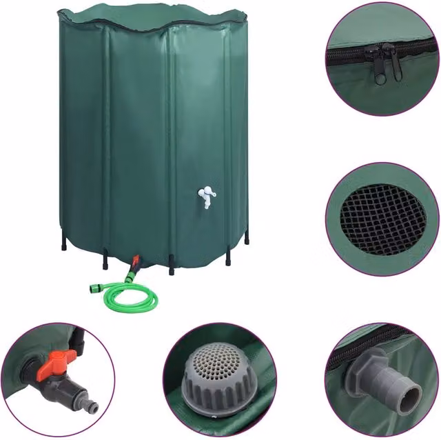 Serbatoio per acqua piovana pieghevole DESIGN IN con rubinetto e filtro, verde, 1000 l – 1