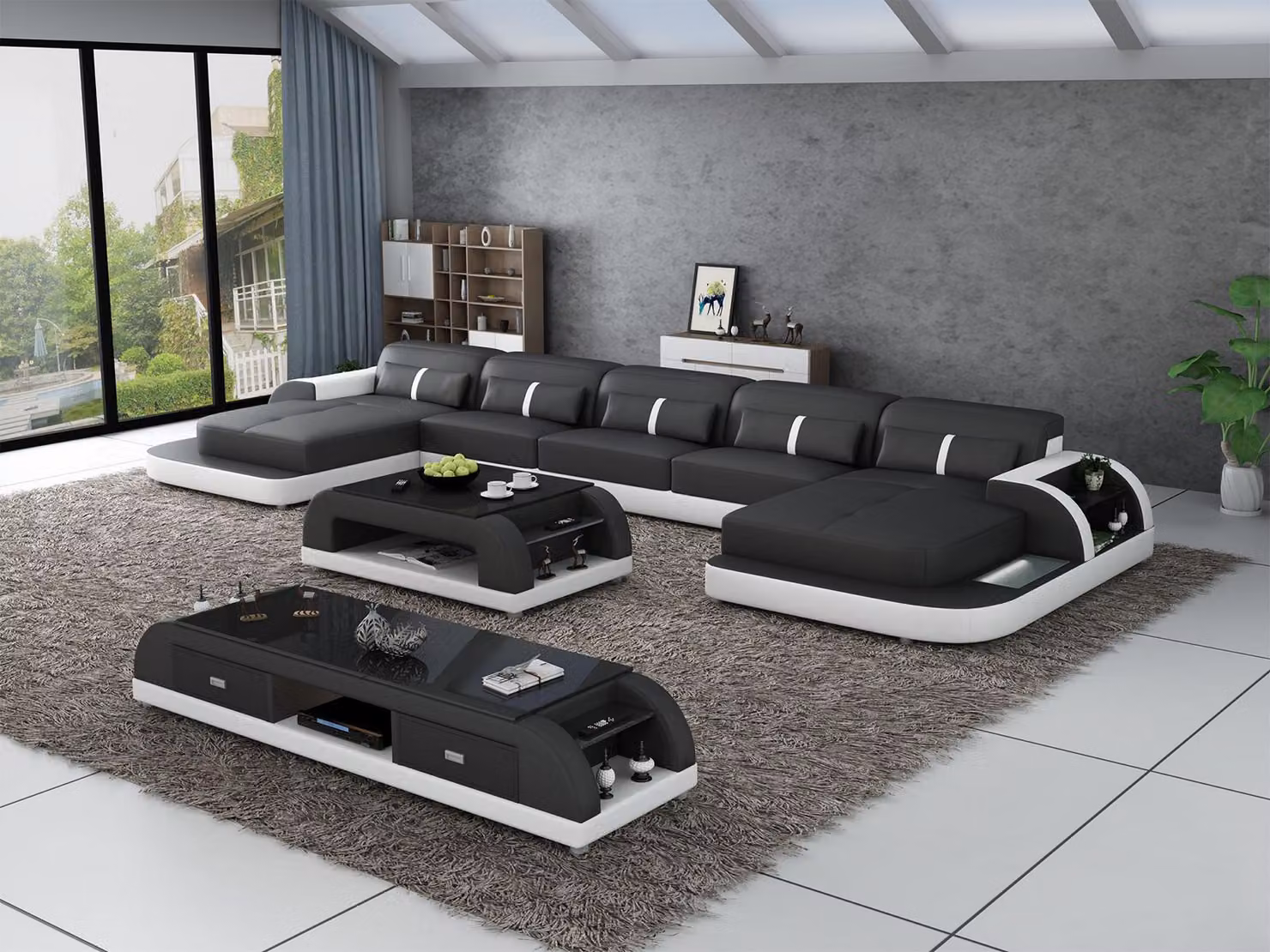 Ecksofa Ledersofa mit usb Big U-Form Wohnlandschaft Sofa Couch Garnitur led