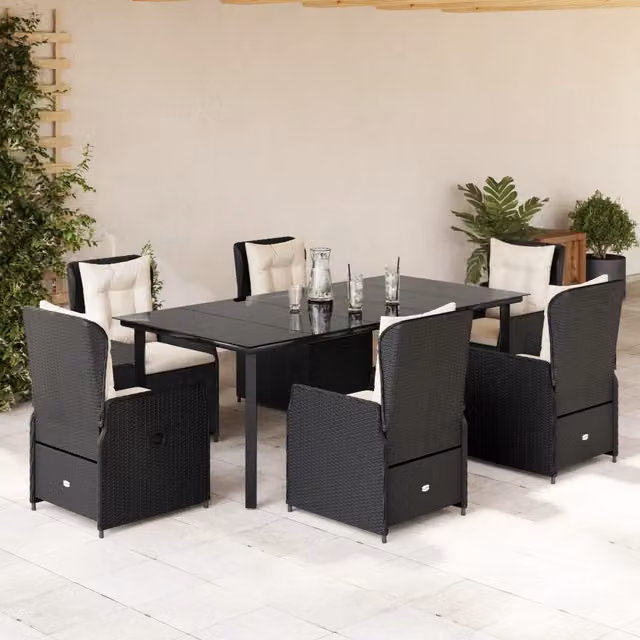 Set da pranzo da giardino vidaXL in polyrattan nero con cuscini bianchi e tavolo in vetro – 1