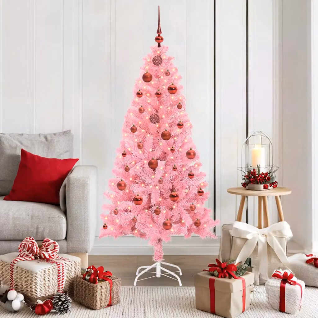 Albero di Natale moderno vidaXL rosa con luci LED bianco caldo in PVC, Altezza: 150 cm