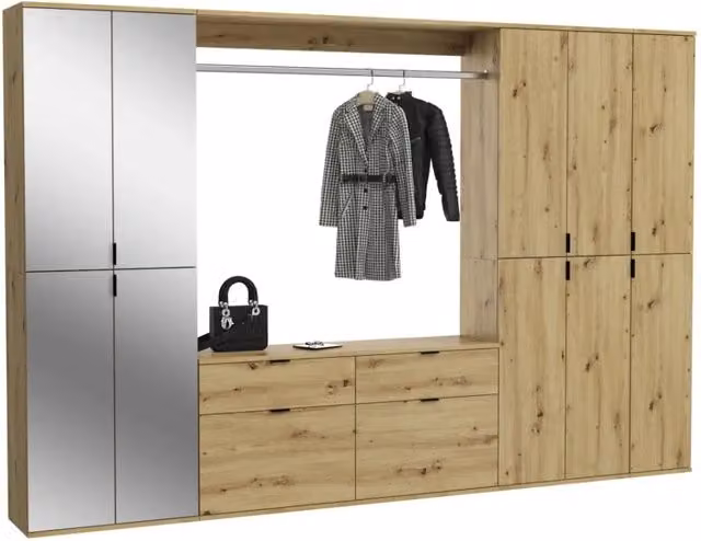 Armadio BODITE moderno con 10 ante con specchio, guardaroba e 4 cassetti integrati, finitura rovere chiaro e marrone, L: 273 cm, H: 193 cm, P: 34 cm