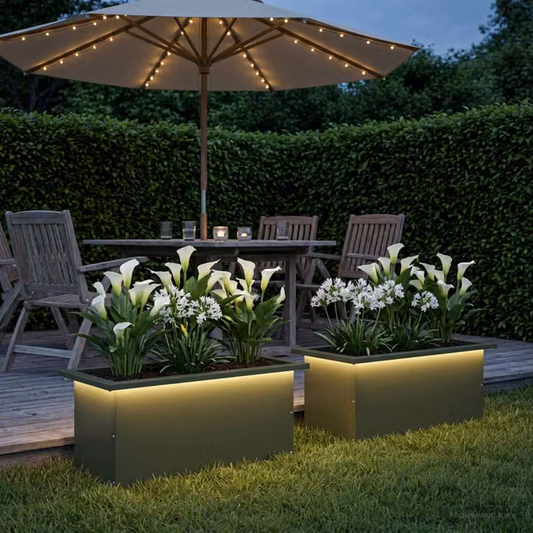 Set di 2 fioriere da giardino con LED vidaXL in acciaio, colore verde, L 60 x P 30 x H 30 cm