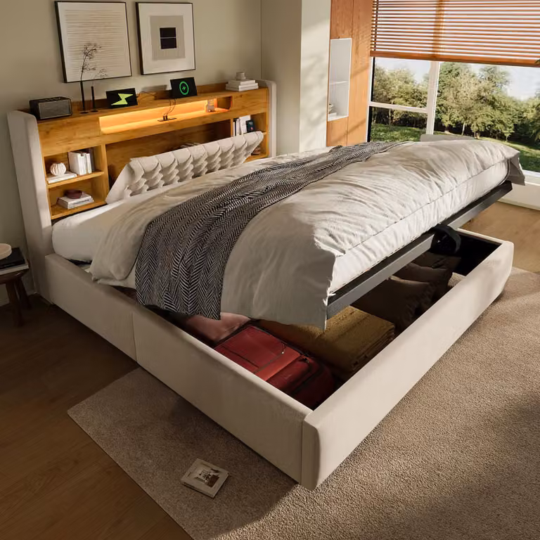 Letto imbottito okwish 160x200 con USB e Type-C, letto singolo con LED e spazio contenitore a sollevamento idraulico, letto per ragazzi color beige, senza materasso