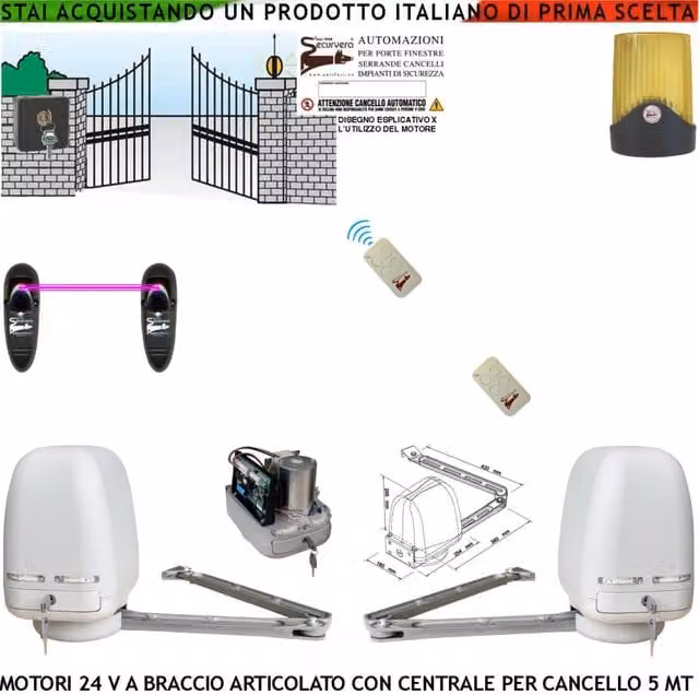 Cancello Automatico Kit Motori a Braccio Articolato 24 V 2 Ante da 0,5 a 2,5 MT Centrale 220/24 V Selettore 2 Radiocomandi Faro Coppia Fotocellule