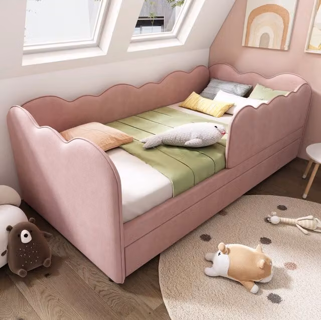 Letto imbottito con letto estraibile 90 x 190 cm in velluto rosa