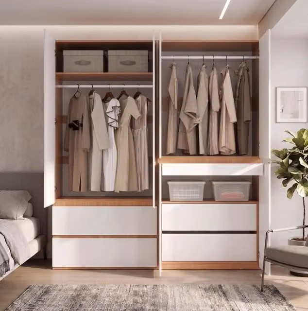 Armadio guardaroba a 6 ante con 5 cassetti e 2 appendiabiti 180x50x200 cm bianco