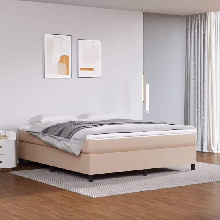 Letto con boxspring e materasso, colore cappuccino, dimensioni 180x200 cm, rivestito in ecopelle