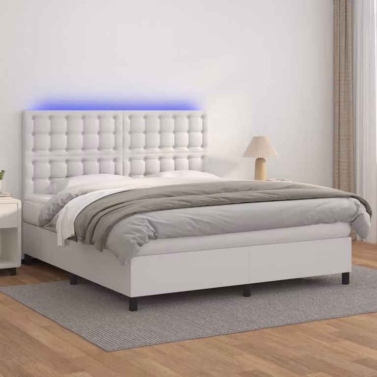 vidaXL Letto con Giroletto a Molle, Materasso Ibrido e Illuminazione LED, Rivestimento in Similpelle Bianco, L/P: 160 x 200 cm