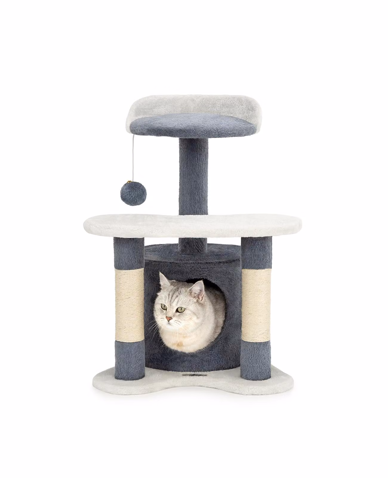 albero tiragraffi e giochi lionto, albero per gatti stabile da 65 cm con steli in sisal, grotta in peluche e palla da gioco, ideale per gatti di piccola taglia, grigio/bianco