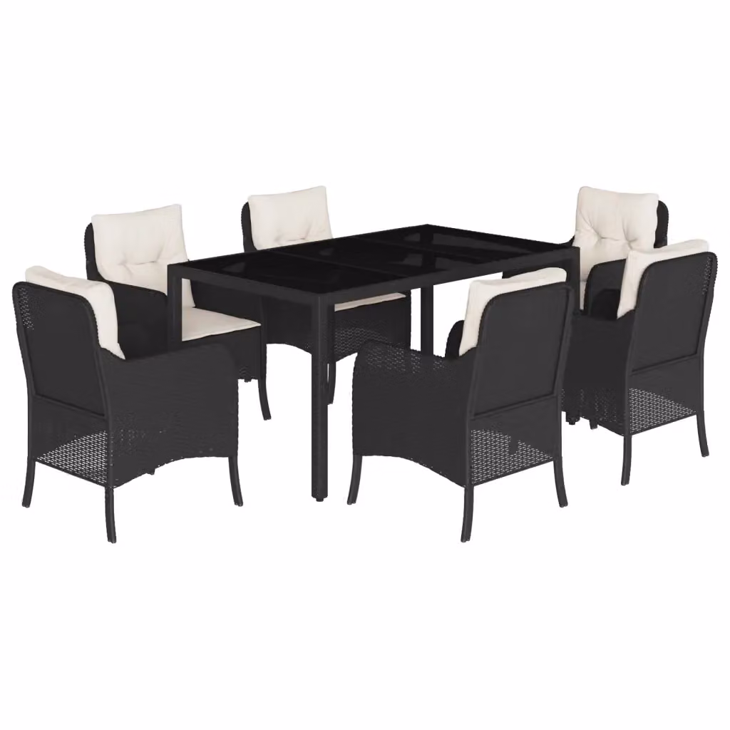 Set da Pranzo da Giardino vidaXL 7 pz in Polyrattan Nero con Piano in Vetro e Cuscini Bianchi – 2
