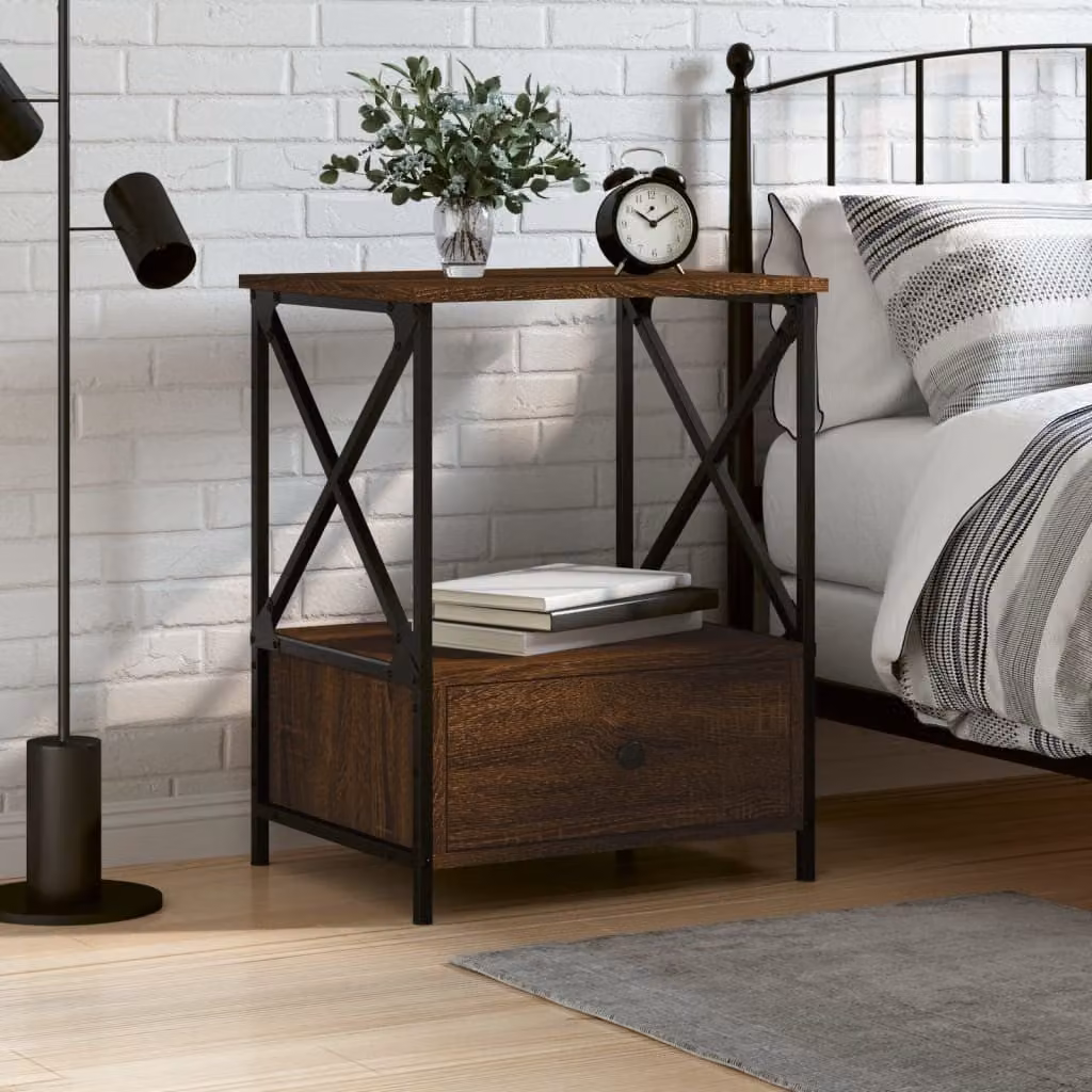 Comodino in stile industriale vidaXL in legno e metallo, colore marrone, L 50 cm x P 41 cm x H 65 cm