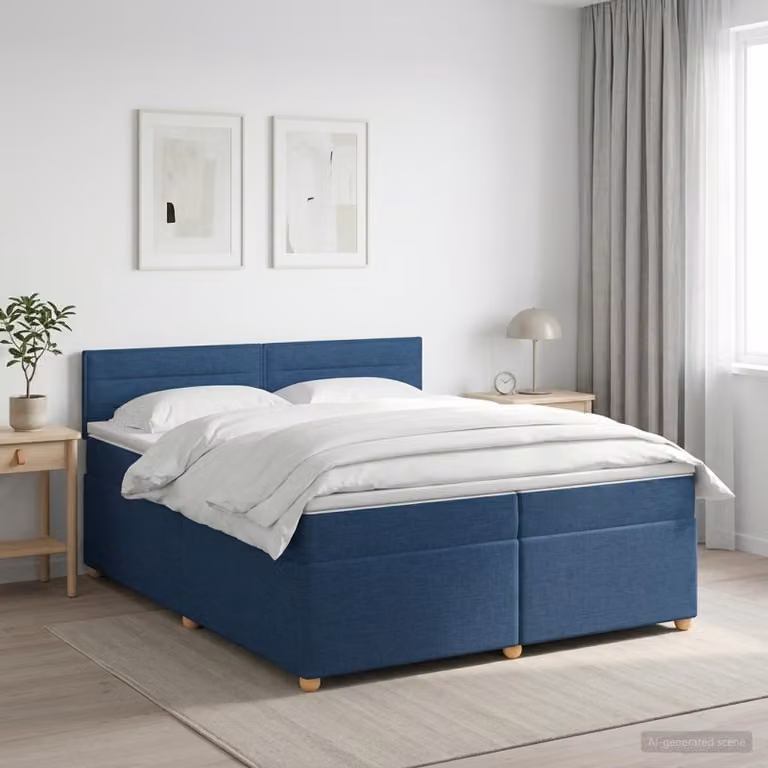Letto box spring con materasso ibrido vidaXL in tessuto blu e bianco L/P/H: 200 x 200 x 45 cm