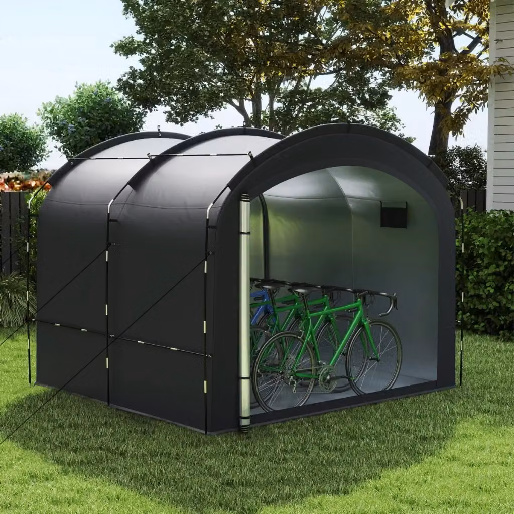 Carport curva per biciclette e attrezzature con copertura impermeabile in fibra di vetro, colore nero, L: 254 cm, P: 192 cm, H: 215 cm – 2