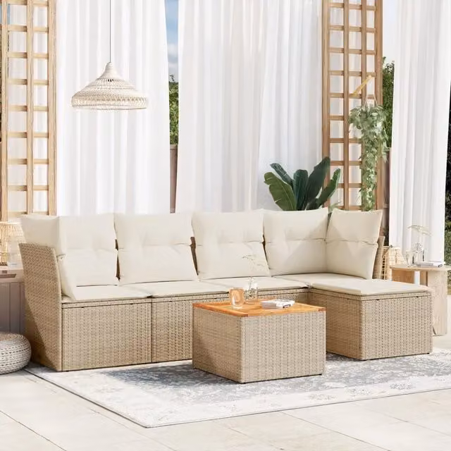 Set Divano da Giardino Moderno VIDAXL in Polyrattan Beige con Cuscini, 6 Posti, Forma a L